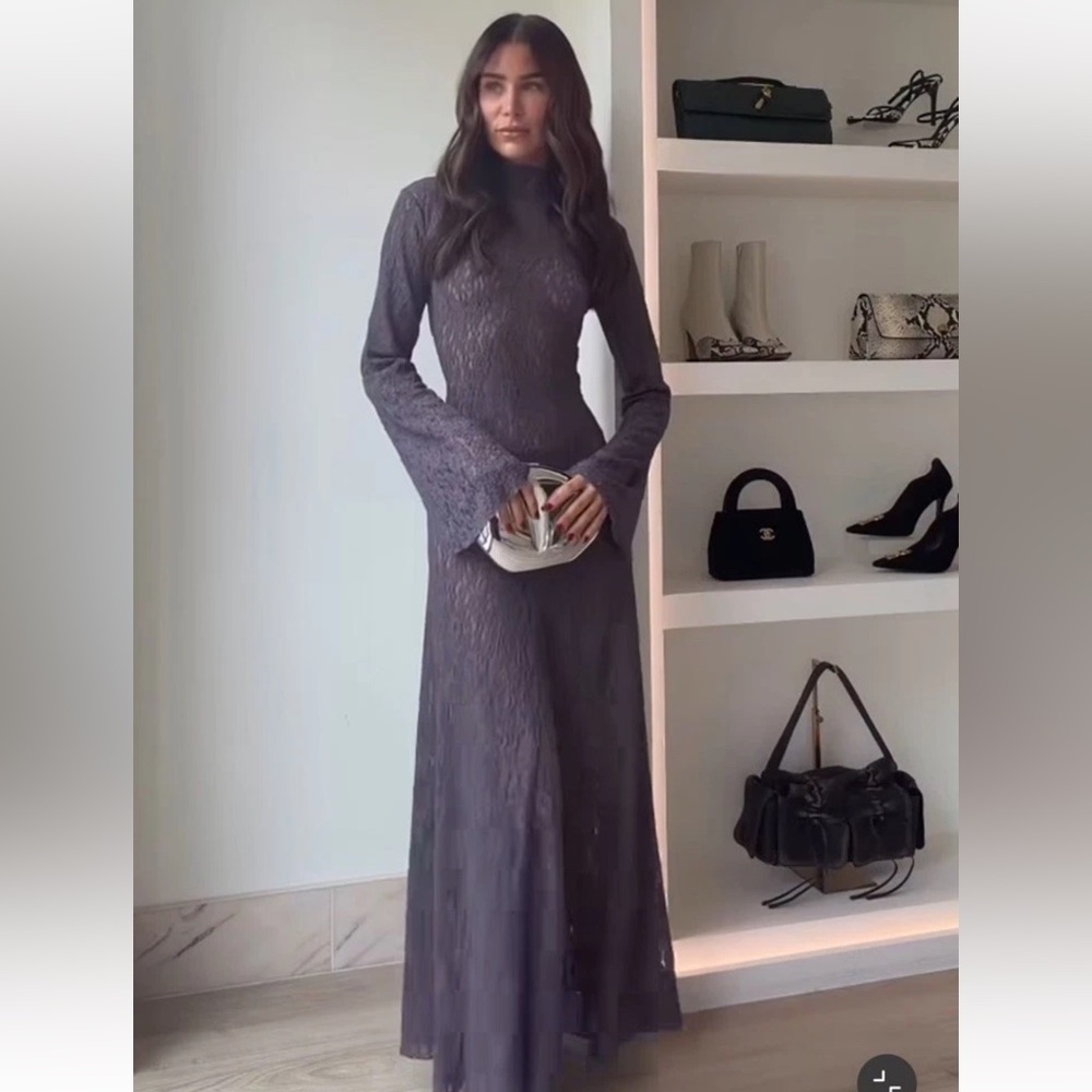 Zara Long Sleeve Textured Maxi Dress in Charcoal Gray